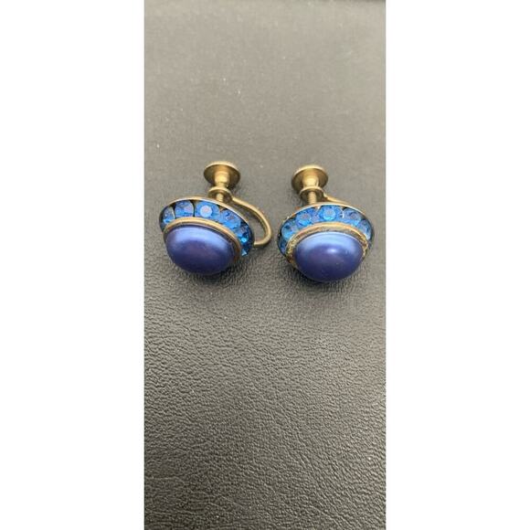 Vintage Blue Cabochon And Rhinestone Round Screw Back Earrings - Picture 2 of 4